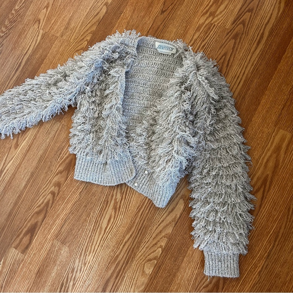 Hand crochet vintage side effect sweater loop knit fringe RARE FIND OSFM medium - Picture 7 of 8